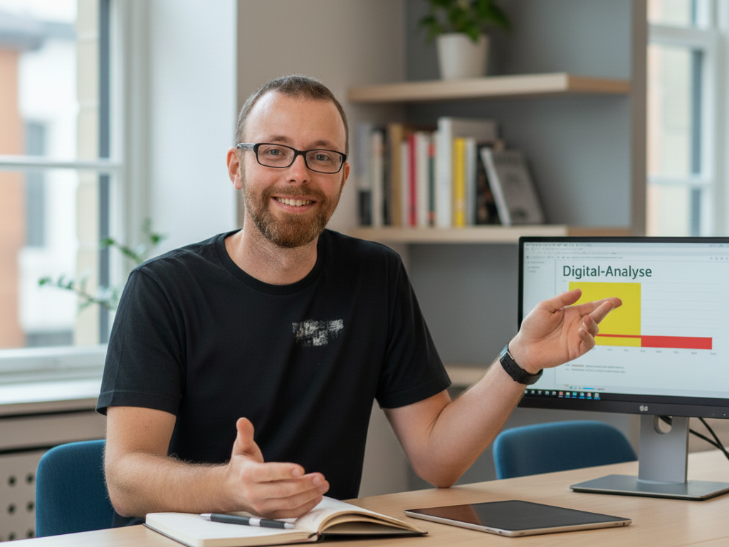 Lars von pott.digital am Schreibtisch. Er zeigt auf den Monitor und eine erfolgreich durchgeführte Digital-Analyse
