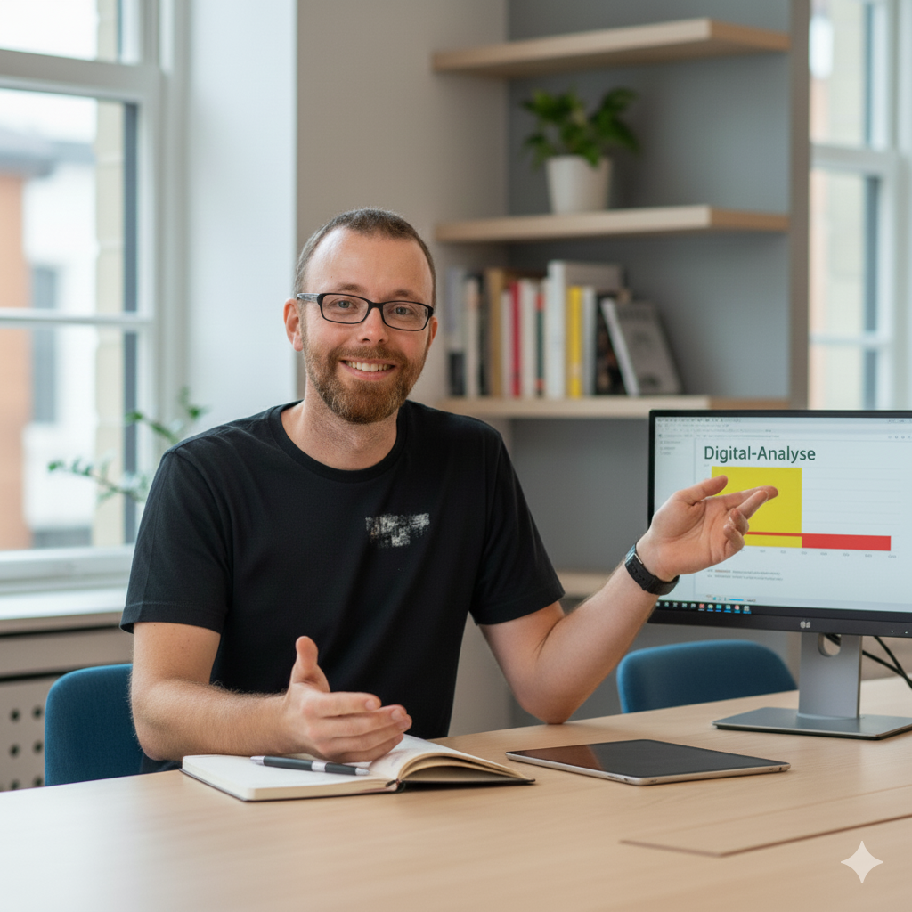 Lars von pott.digital am Schreibtisch. Er zeigt auf den Monitor und eine erfolgreich durchgeführte Digital-Analyse