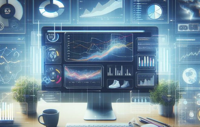 KI-Bild, welches einen Desktop-Computer zeigt, auf dessen Bildschirm gerade Dinge analysiert werden