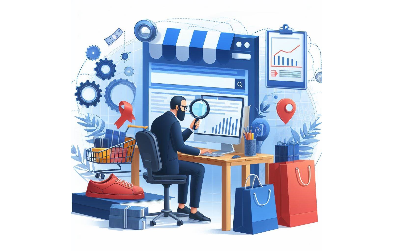 KI-generiertes Beispielbild für eine Digital-Analyse: Ein Mann mit Lupe in der Hand sitzt vor einem Bildschirm und schaut sich Websites und Statistiken an